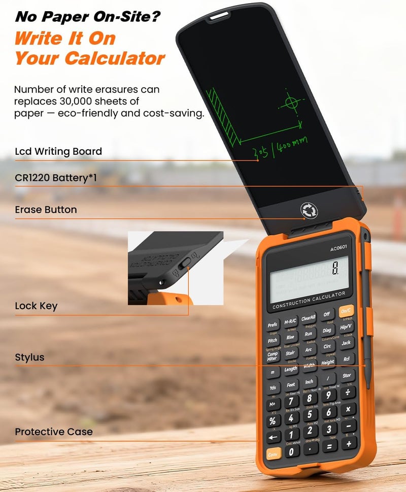 ROATEE Construction Calculator with Writing Tablet Industrial & Scientific Engineering Calculator for Contractor, Concrete Pocket Feet-inch-Fraction Calculators for Carpenter, Framer, Remodeler - Image 2